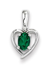 Sterling Silver Heart with Created Emerald and Diamond Necklace 18"