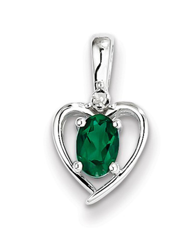 Sterling Silver Heart with Created Emerald and Diamond Necklace 18"