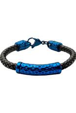 Men's Black Braided Leather with Stainless Steel Blue Plated Hammered Beads Bracelet 8.5"