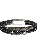 Men's Black Leather, Stainless Steel and Onyx Bead Bracelet 8.25"