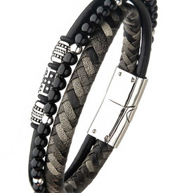 Black Leather and Onyx Bead Bracelet