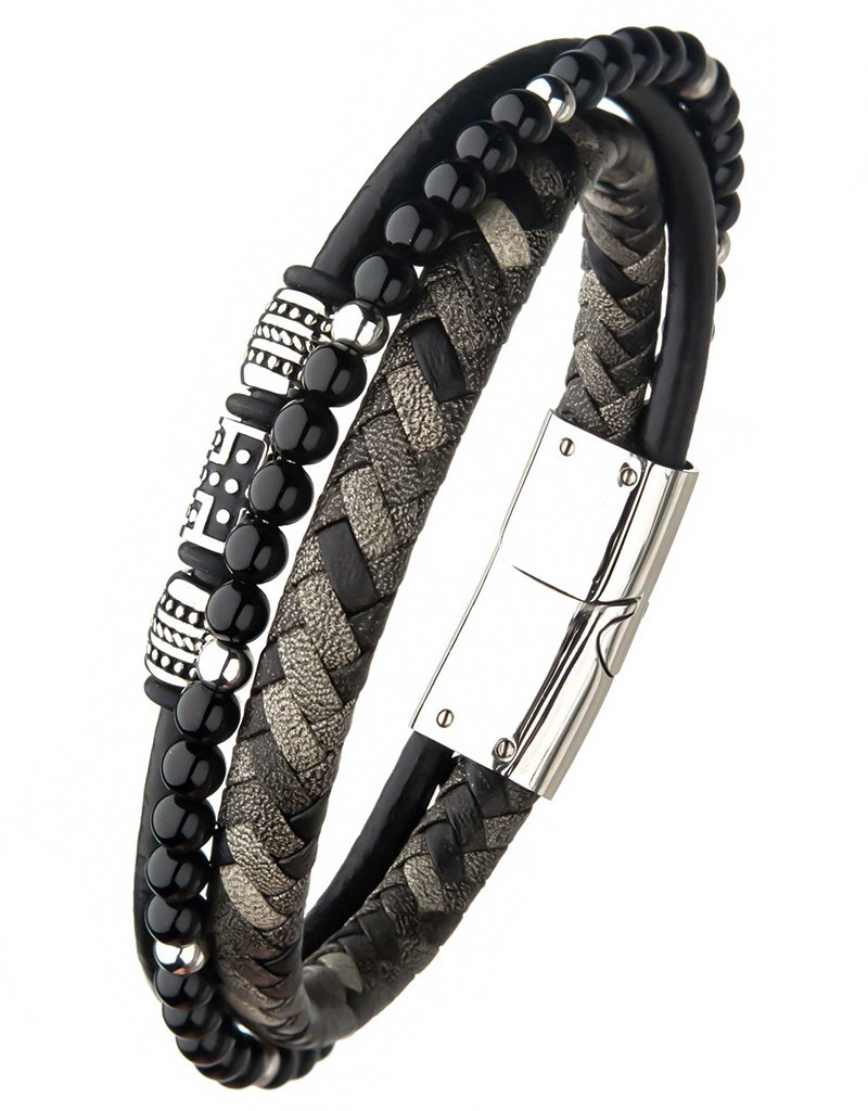 Men's Black Leather, Stainless Steel and Onyx Bead Bracelet 8.25"