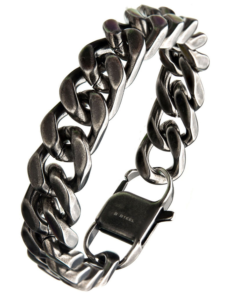 Men's Antique Finish 13mm Stainless Steel Curb Bracelet 8"