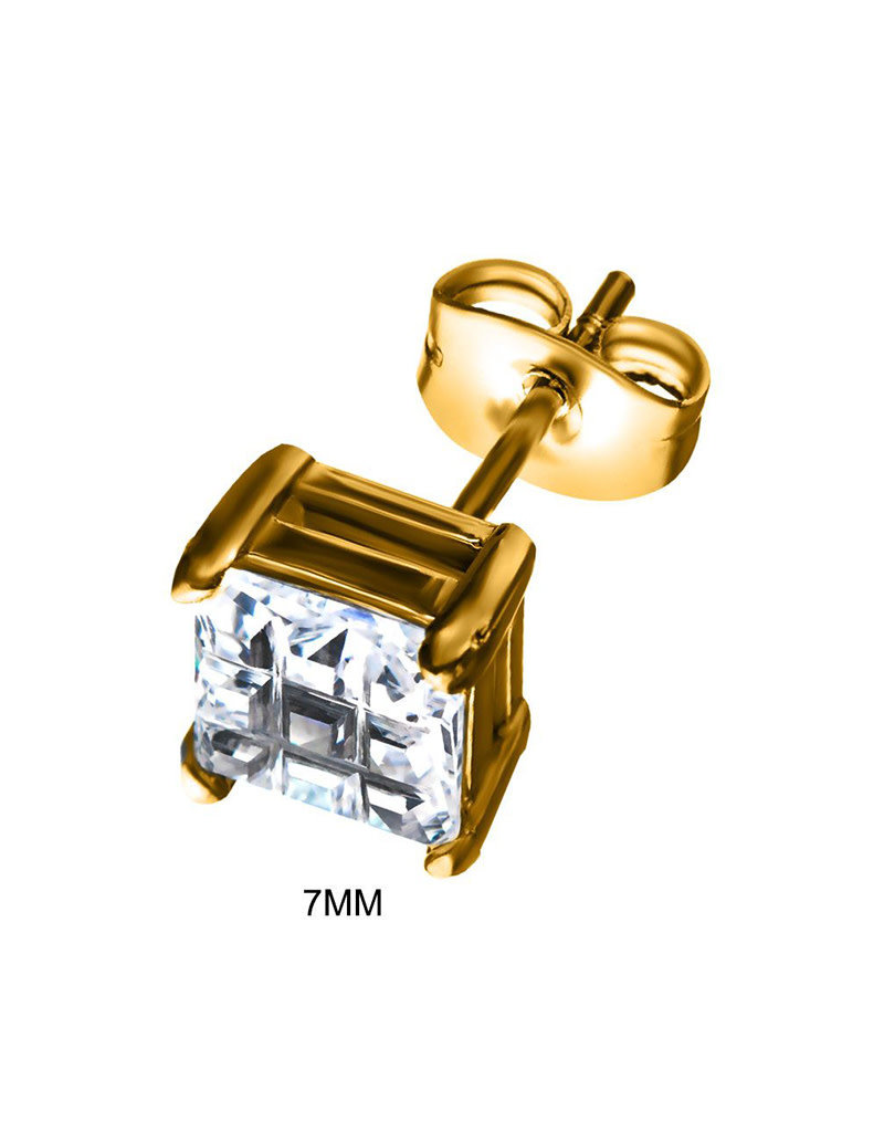 Square Cut CZ Gold Stainless Steel Stud Earrings 4-8mm