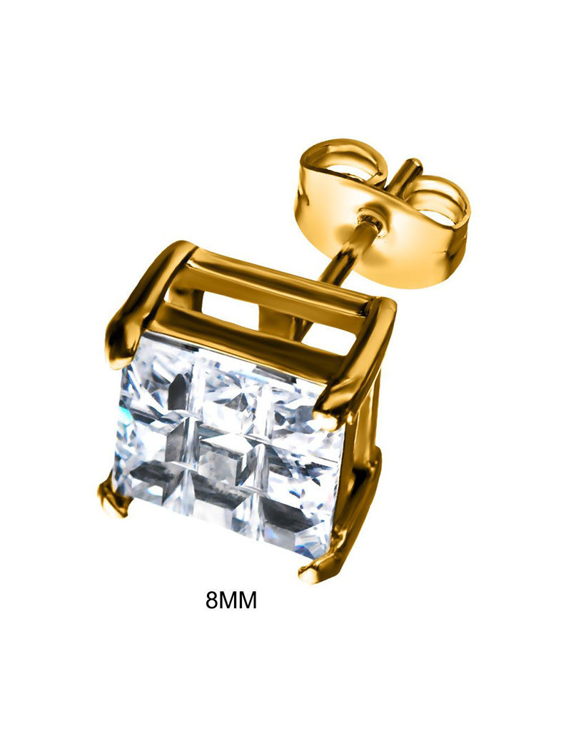 Square Cut CZ Gold Stainless Steel Stud Earrings 4-8mm