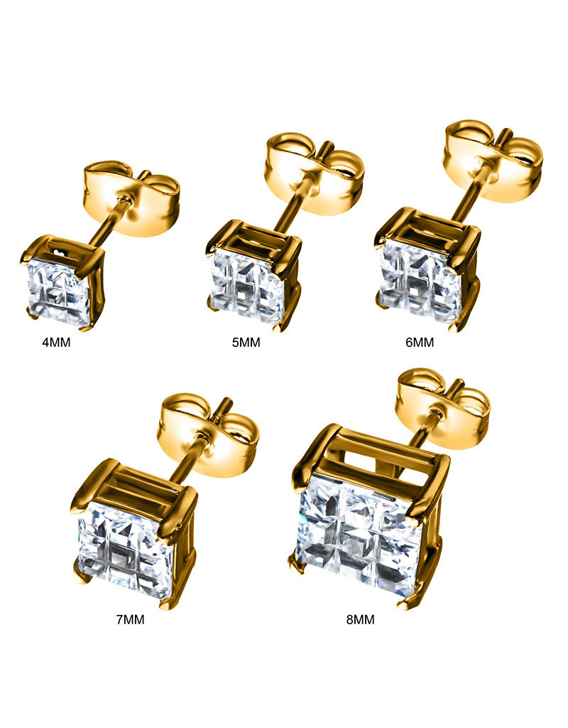 Square Cut CZ Gold Stainless Steel Stud Earrings 4-8mm