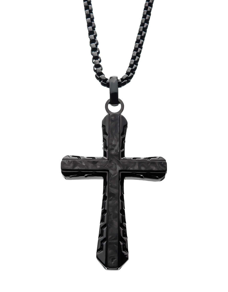 Men's Stainless Steel and Black Carbon Fiber Cross Necklace 24"