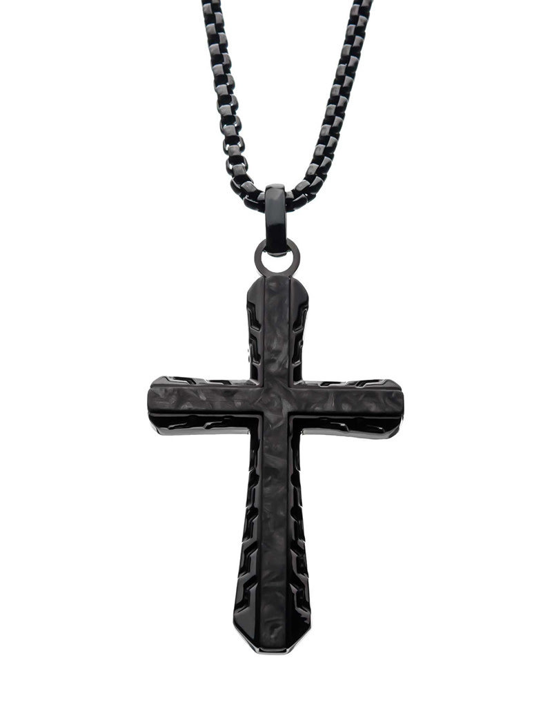 Men s Stainless Steel and Black Carbon Fiber Cross Necklace 24