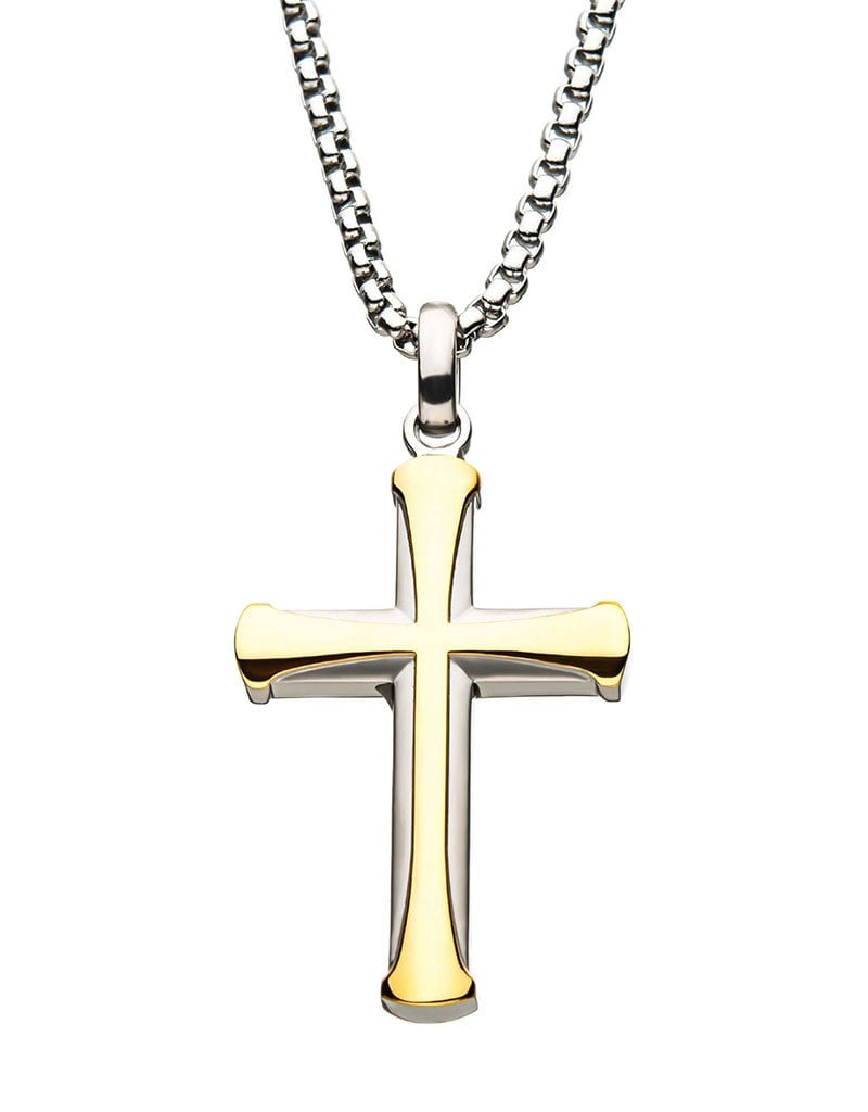 Men's Stainless Steel Two-Tone Gold IP Apostle Cross Necklace 24"