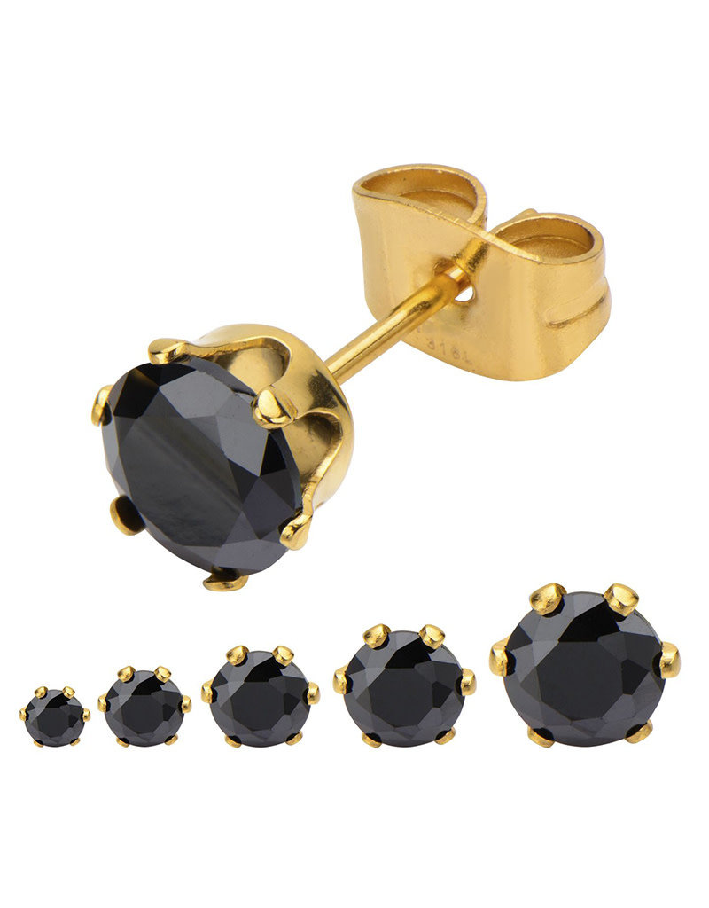Black CZ Gold Stainless Steel Stud Earrings 3-8mm