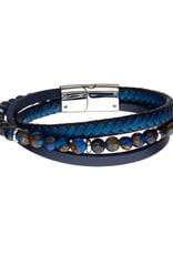 Men's Layered Blue Leather and Brown Bead Bracelet 8.25"