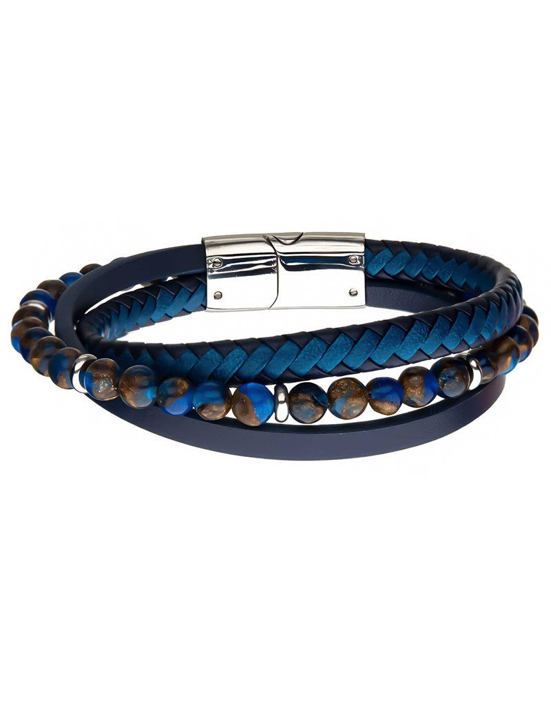 Men's Layered Blue Leather and Brown Bead Bracelet 8.25"