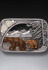 ZEALANDIA Zealandia Designs, Sterling Silver, Katmai Bears Fossilized Mammoth Tusk/Mother of Pearl Pin/Pendant 55mm