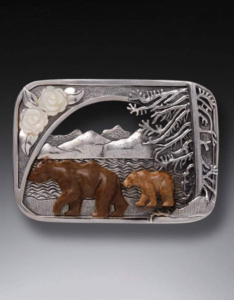 ZEALANDIA Zealandia Designs, Sterling Silver, Katmai Bears Fossilized Mammoth Tusk/Mother of Pearl Pin/Pendant 55mm