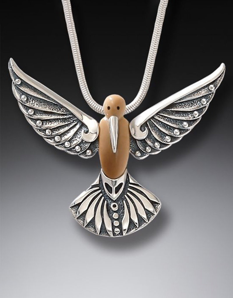 ZEALANDIA Sterling Silver Fossilized Walrus Ivory Hummingbird Pendant - Winged Song