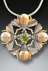 ZEALANDIA Fossilized Walrus Ivory Four Bees Pendant with 14kt Gold Fill and Peridot
