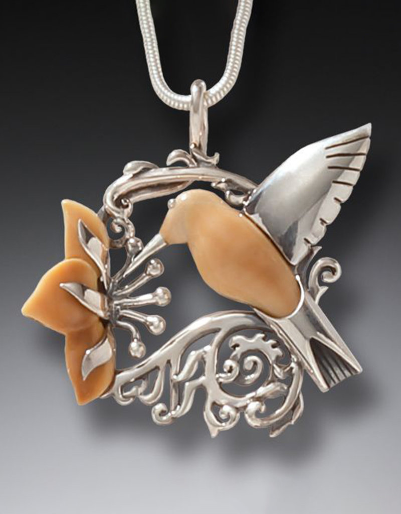 ZEALANDIA Sterling Silver and Fossilized Walrus Ivory Pendant – Hummingbird Spring