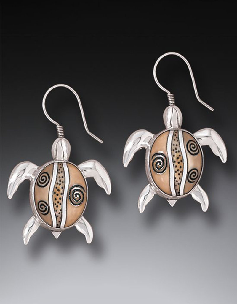 ZEALANDIA Fossilized Walrus Ivory Sterling Silver Sea Turtle Earrings, Handmade