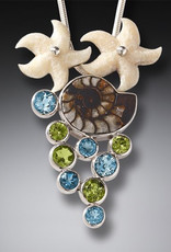 ZEALANDIA Sterling Silver Fossilized Walrus Tusk Starfish and Moroccan Ammonite Pendant with Peridot and Blue Topaz - Beachcombing
