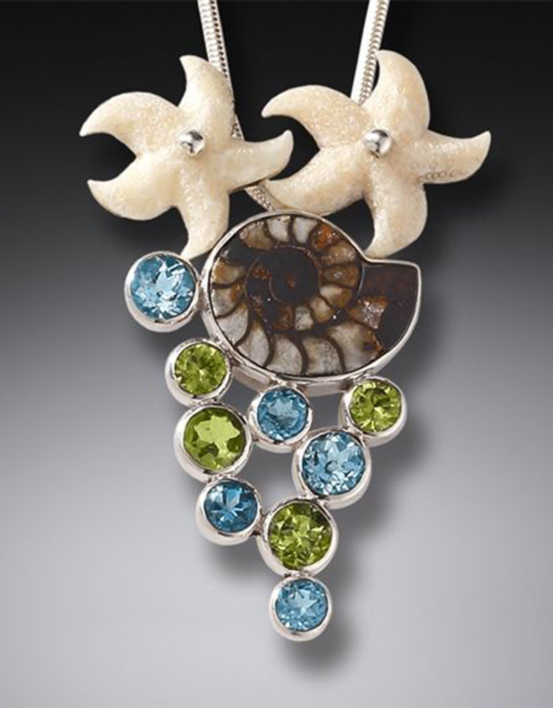 ZEALANDIA Sterling Silver Fossilized Walrus Tusk Starfish and Moroccan Ammonite Pendant with Peridot and Blue Topaz - Beachcombing