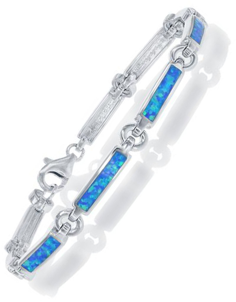 Sterling Silver Rectangle Link Synthetic Opal Bracelet 7.25"