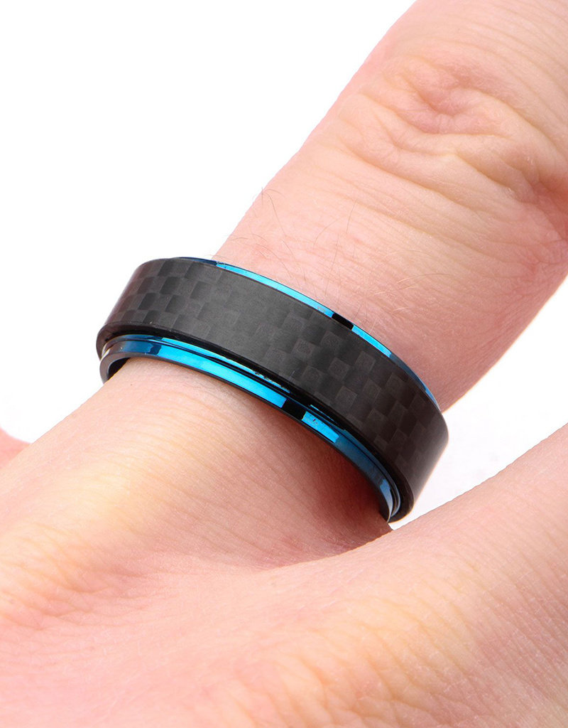 Men's Blue Stainless Steel and Carbon Fiber Band Ring