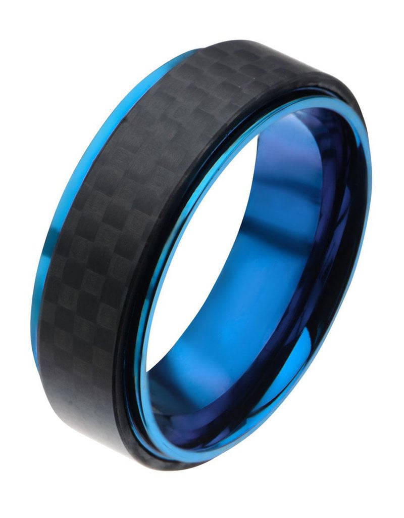 Men's Blue Stainless Steel and Carbon Fiber Band Ring