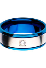 Men's Stainless Steel Blue Edge CZ Band Ring
