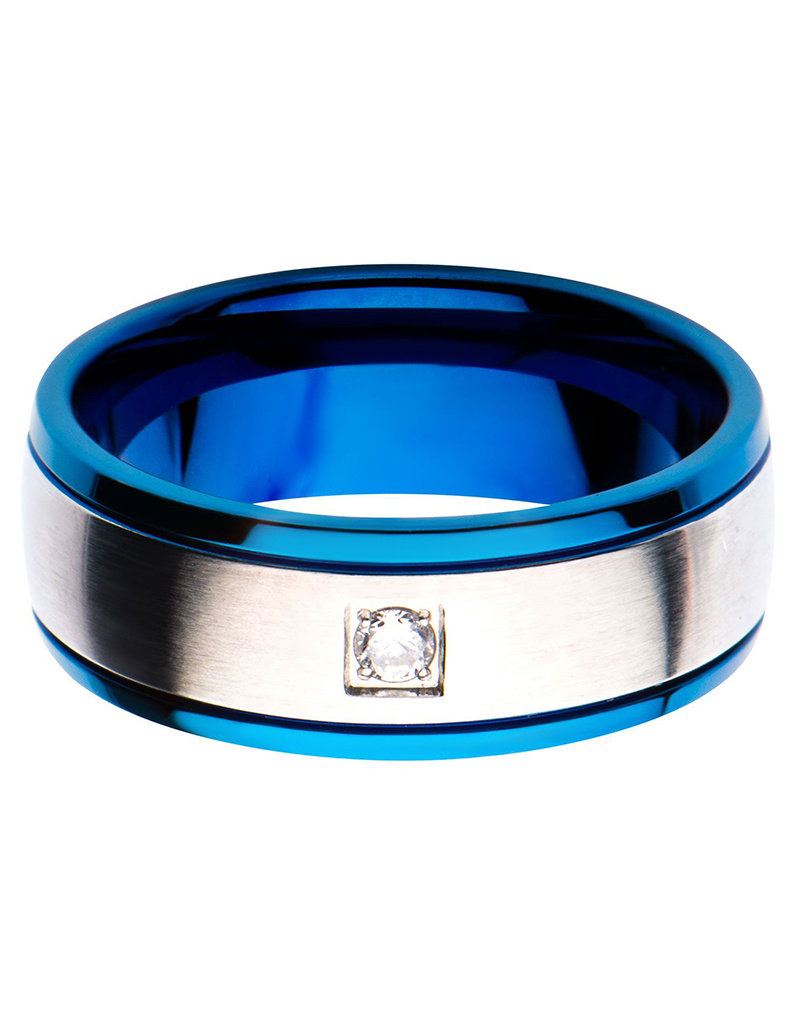 Men's Stainless Steel Blue Edge CZ Band Ring