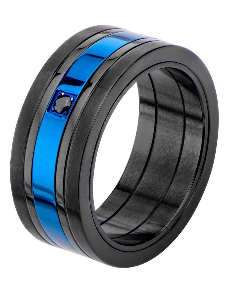 Men's Black & Blue Stainless Steel Black Cubic Zirconia Ring