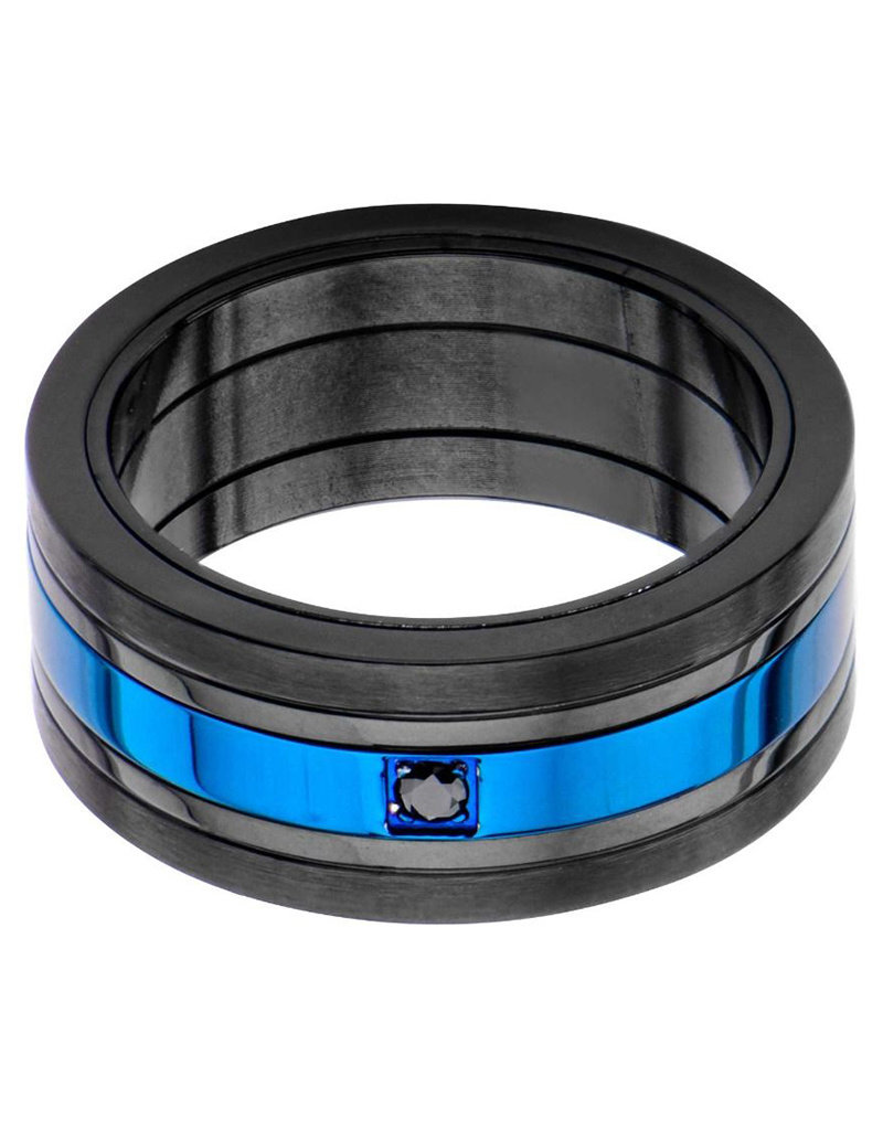 Men's Black & Blue Stainless Steel Black Cubic Zirconia Ring