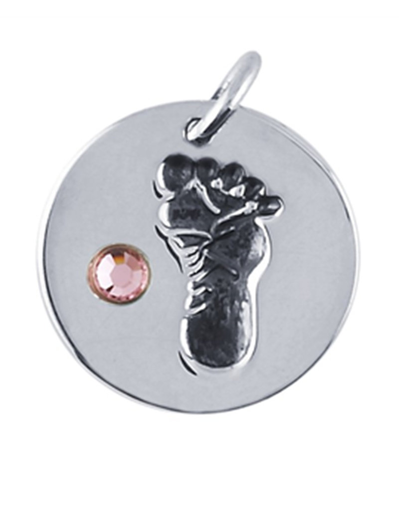 Sterling Silver Footprint Tag Charm with Pink Crystal 14mm