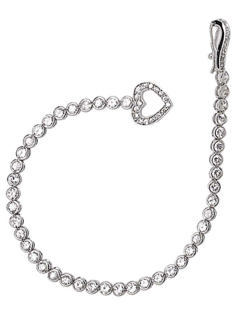 Women's Sterling Silver Round Cubic Zirconia with Heart Shaped Clasp Bracelet 7"