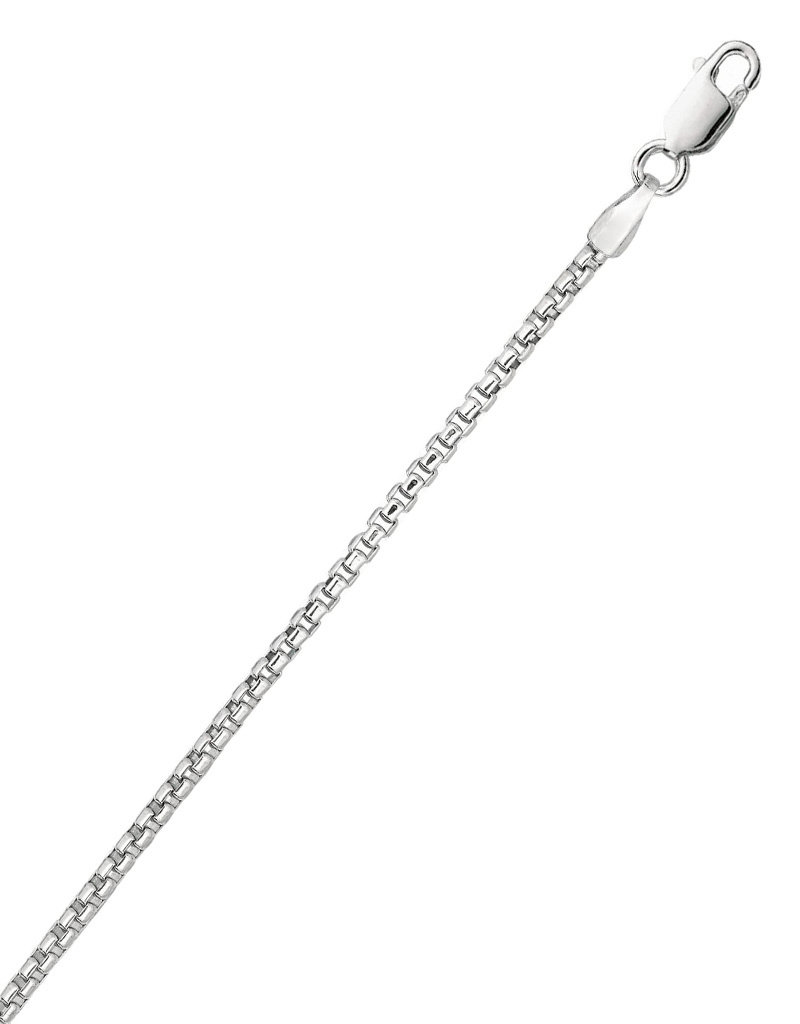 Sterling Silver 1.3mm Round Box Link Chain Necklace with Rhodium Finish