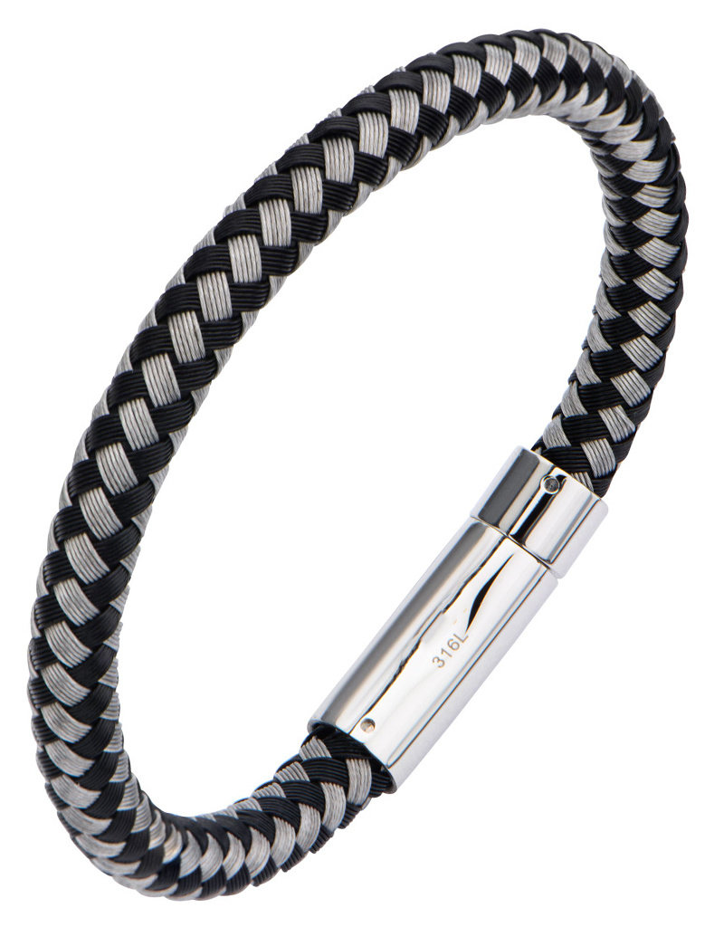Men's Braided Stainless Steel Black and White Thread Bracelet 8.5"