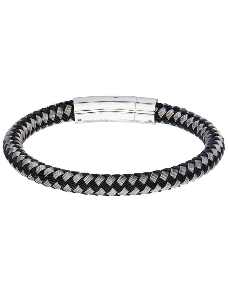 Men's Braided Stainless Steel Black and White Thread Bracelet 8.5"