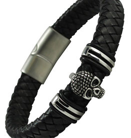 Black Leather Skull Bracelet 9"