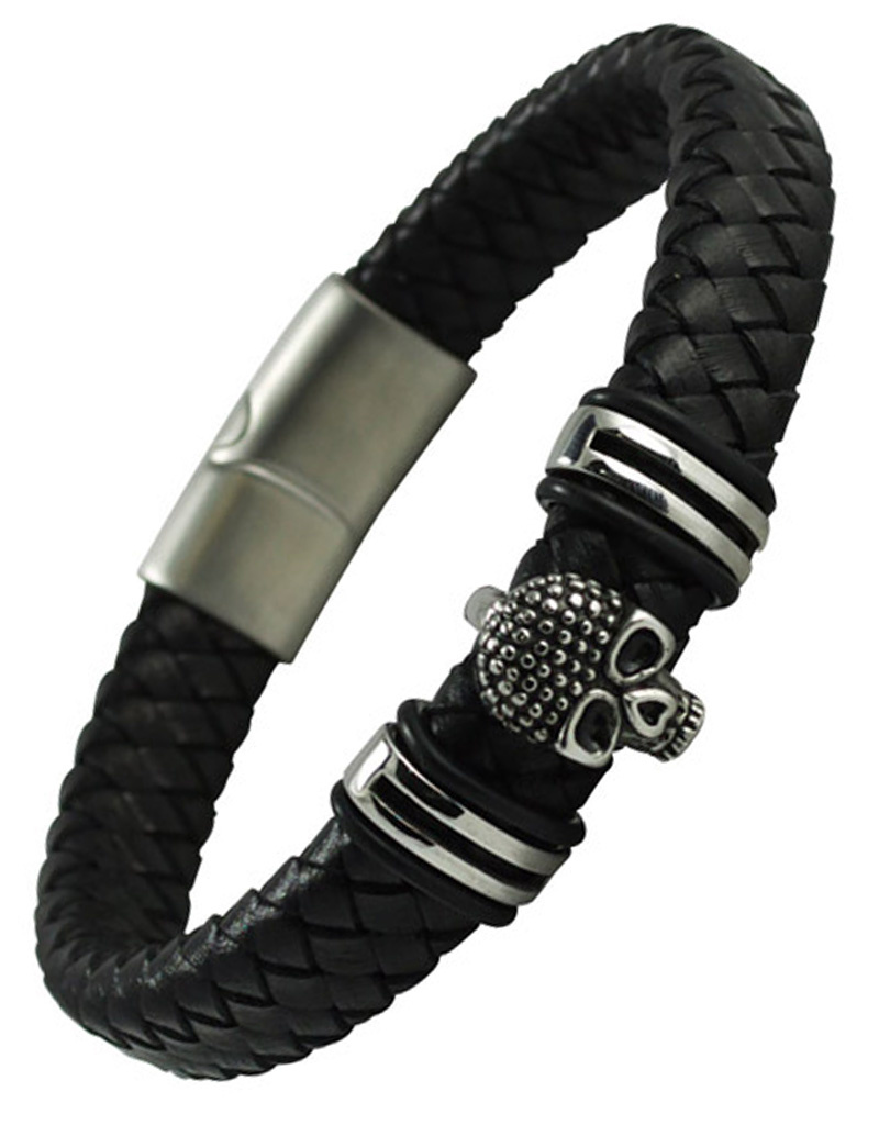 Black Leather Skull Bracelet 9"