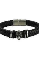 Men's Black Leather with Stainless Steel Skull Bracelet 9"