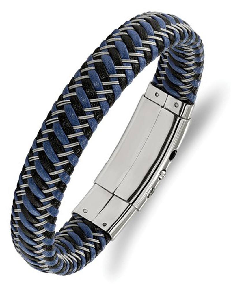 Men's Stainless Steel Black & Blue Leather Bracelet - Simply Sterling