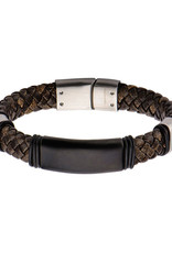 Men's Stainless Steel Braided Brown Leather Bracelet 8.5"