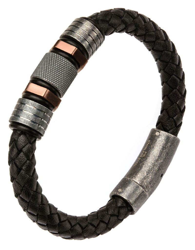 Black Leather & Steel Bracelet 8.5"