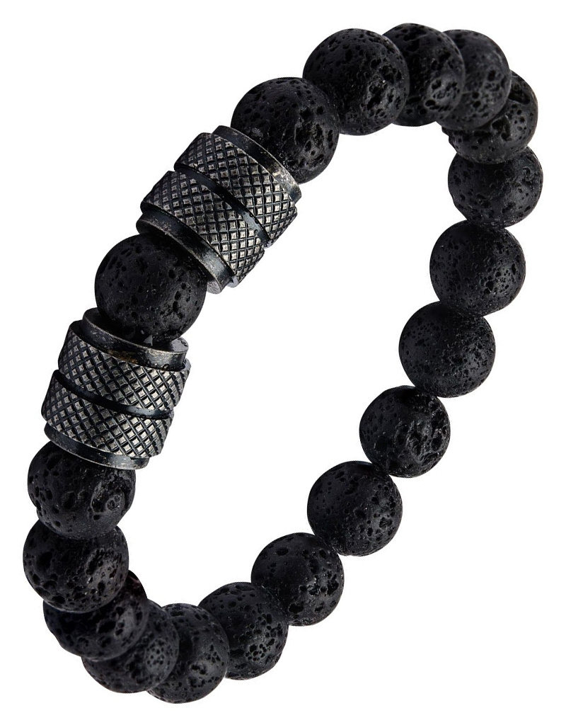 Men's Stainless Steel and Black Lava Bead Stretch Bracelet 8"