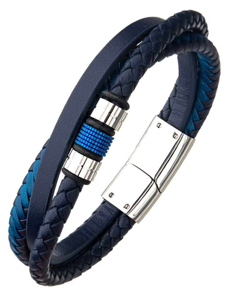 Men's Blue Leather and Stainless Steel Bracelet 8.25"