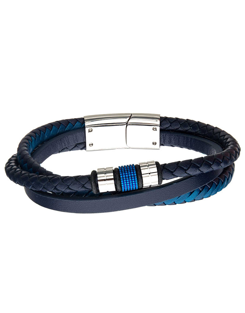 Men's Blue Leather and Stainless Steel Bracelet 8.25"