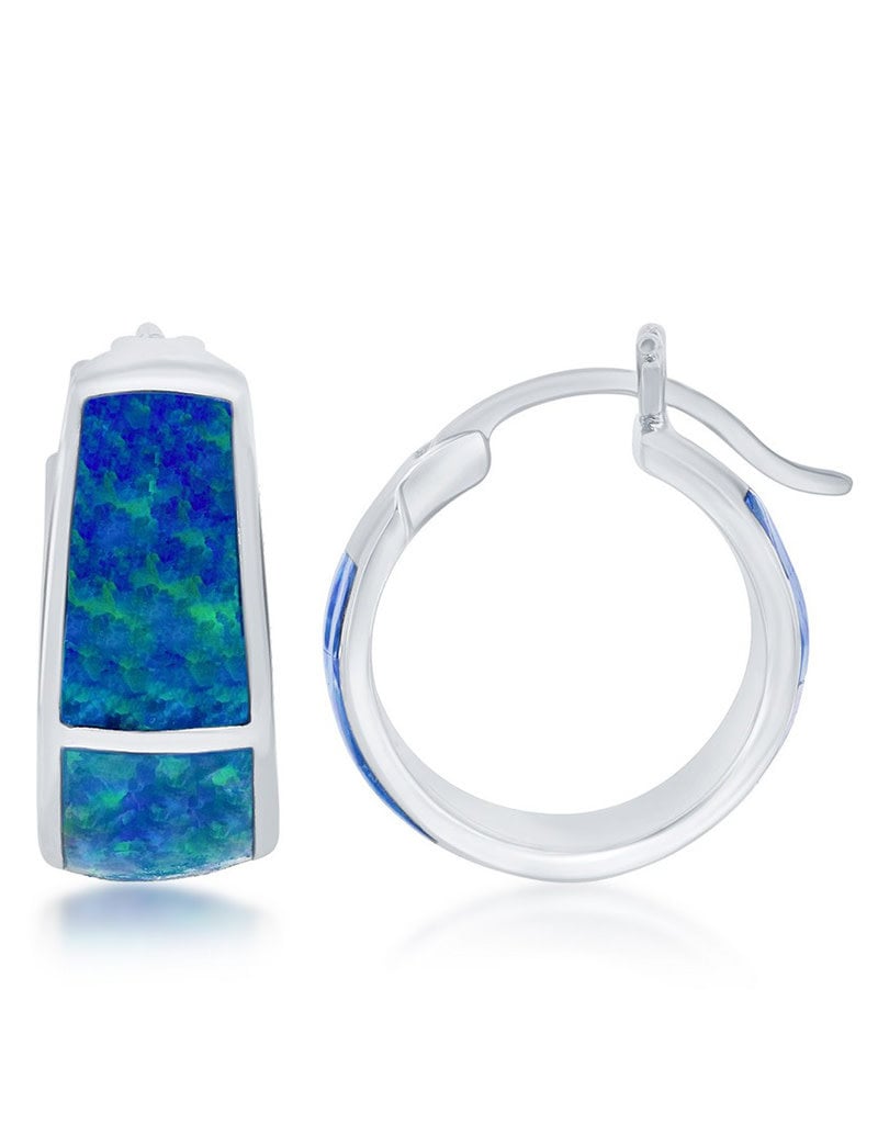 Sterling Silver Synthetic Blue Opal Hoop Earrings 16mm