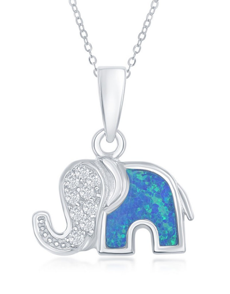 Sterling Silver Elephant Synthetic Opal and CZ Necklace 18"
