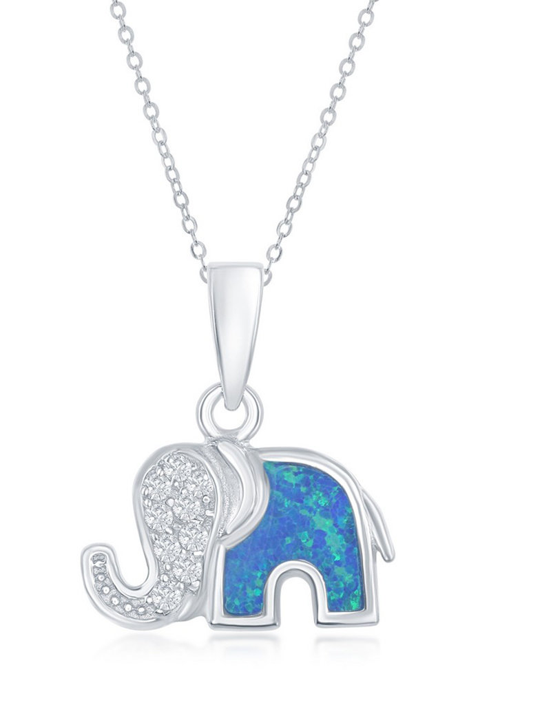 Sterling Silver Elephant Synthetic Opal and CZ Necklace 18"