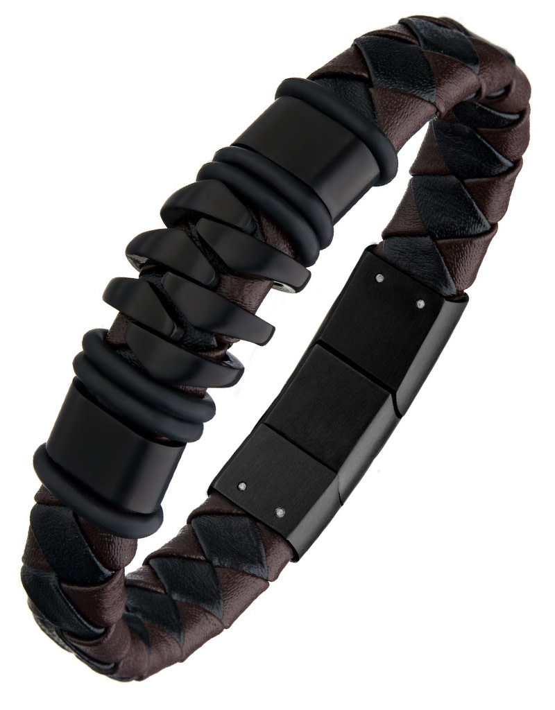 Men's Brown Leather and Black Stainless Steel Bracelet