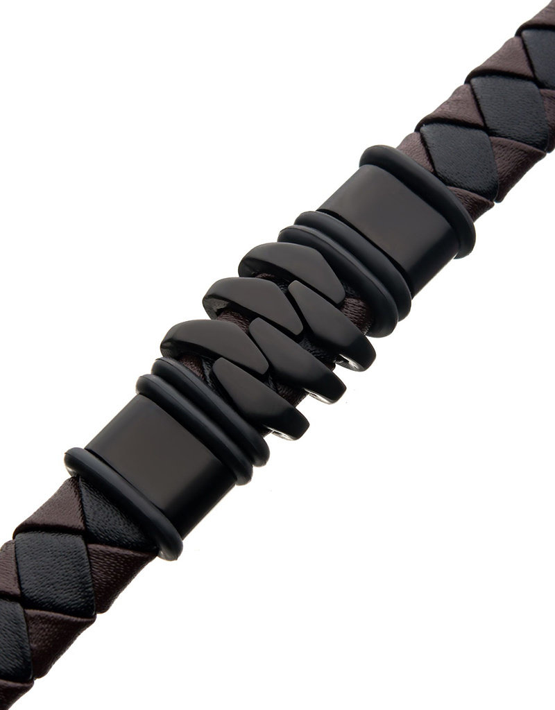 Men's Brown Leather and Black Stainless Steel Bracelet